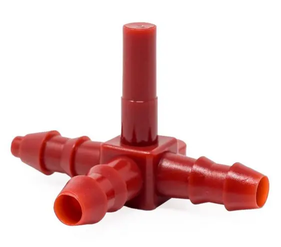 [4744RN] Tee with Plug, Dead-End Right – 5/16" Red 