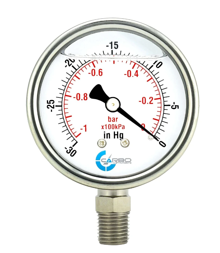 [VAC-GAU-SS-1.5-GF-LM-1/8NPT] Vacuum Gauge – 1-1/2" SS, Glycerin-Filled, Lower Mount, 1/8" NPT