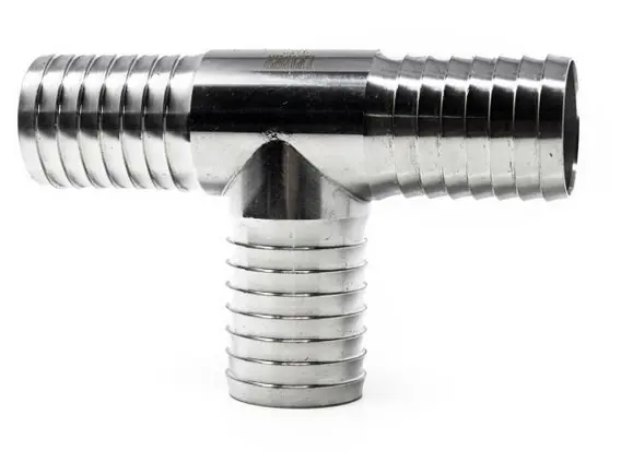 [3457] Tee, Stainless Steel Barb – 1-1/2" x 1-1/2" x 1"  (H2O Leader)